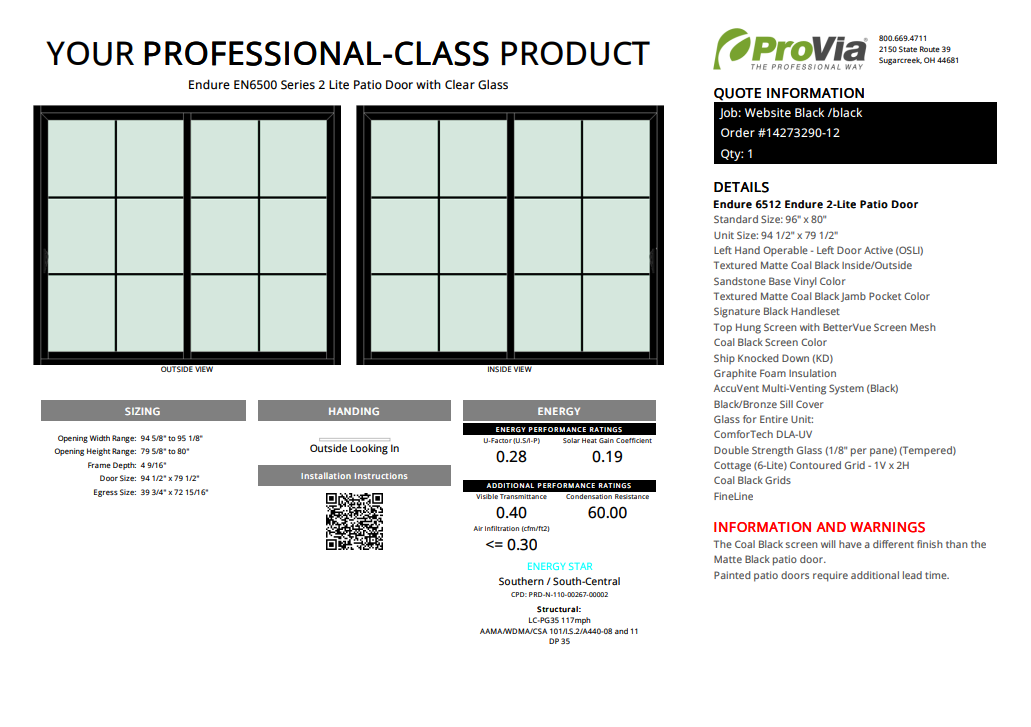 ProVia Endure 2-Lite Patio Door 96x80 Black/Black Double Pane Low-E W Argon Gas Cotage 6 Lite Grills - Doors and Beyond