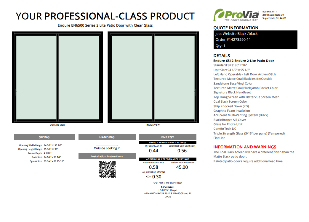 ProVia Endure 2-Lite Patio Door 96x96 Black/Black Double Pane Low-E W Argon Gas - Doors and Beyond