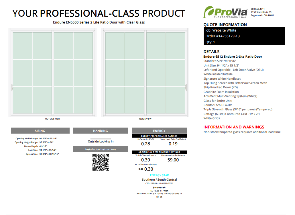 ProVia Endure 2-Lite Patio Door 96x96 White/White Double Pane Low-E W Argon Gas Cotage 6 Lite Grills - Doors and Beyond