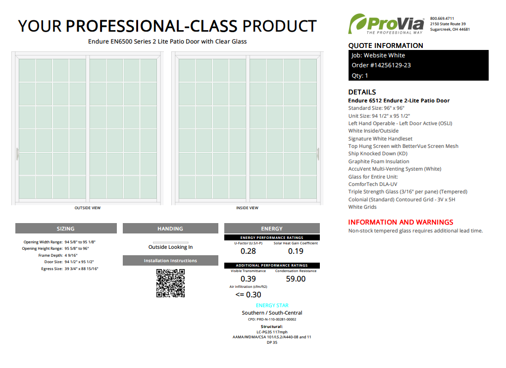 ProVia Endure 2-Lite Patio Door 96x96 White/White Double Pane Low-E W Argon Gas Colonial Grills - Doors and Beyond