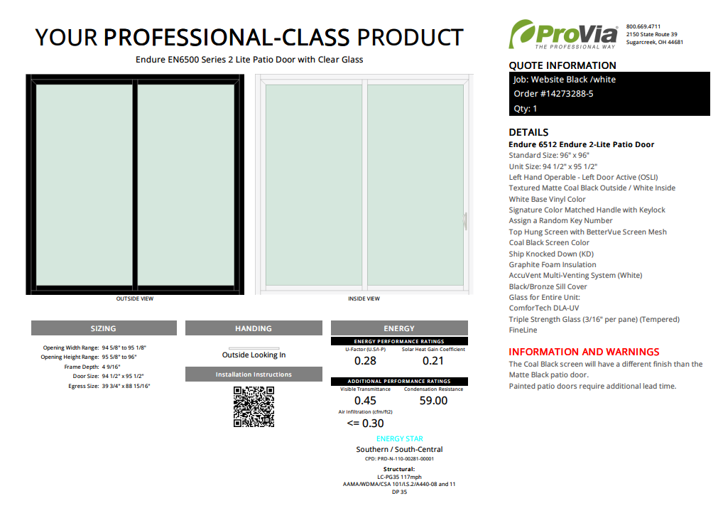 ProVia Endure 2-Lite Patio Door 96x96 Black/White Double Pane Low-E W Argon Gas - Doors and Beyond