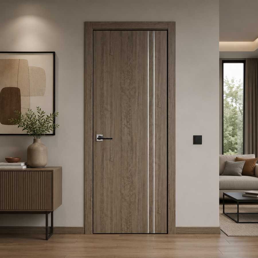 Nova HG002VR Dark Aloe Wood Laminated Modern Single Pre-Hung Door - Doors and Beyond