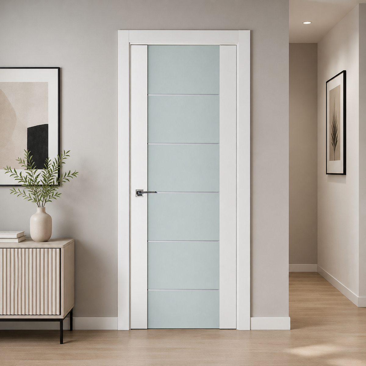 Nova Triplex 008 Soft White Laminated Modern Pre-Hung Door - Doors and Beyond