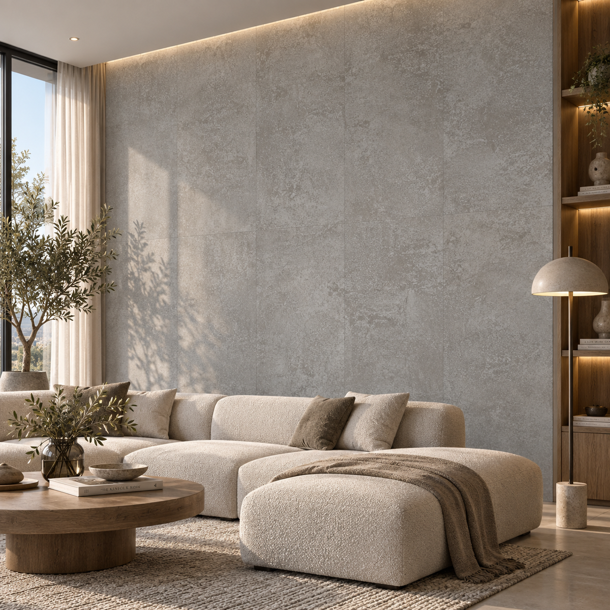 A modern living room featuring a large textured gray concrete-look accent wall behind a beige boucle sectional sofa with matching throw pillows and a draped blanket.