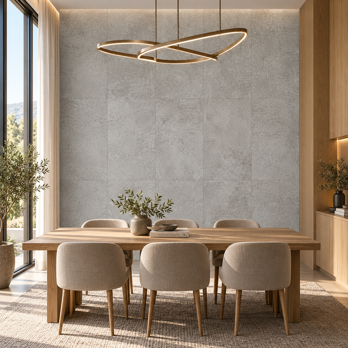 A modern dining room setup featuring a light wood rectangular table surrounded by six upholstered dining chairs in a warm beige fabric. The room is styled with a textured gray stone-look accent wall, a minimalist gold ring pendant light, and a large window on the left with sheer curtains and potted plants.