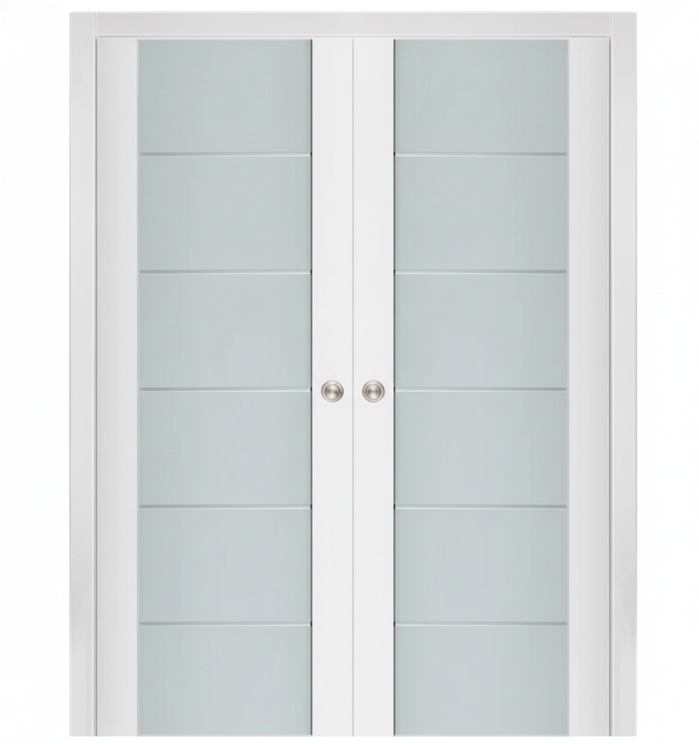 Nova Triplex 008 Soft White Laminated Modern Double Pocket Door - Doors and Beyond