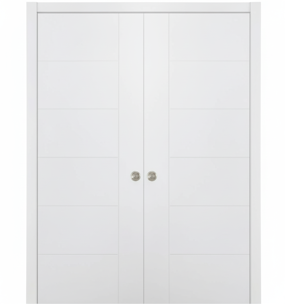 Nova Groove Soft White Laminated Modern Double Pocket Door - Doors and Beyond