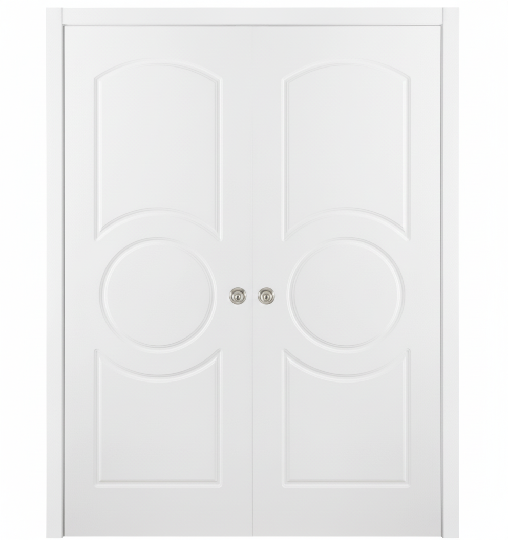 Nova Ovalo Soft White Laminated Modern Double Pocket Door - Doors and Beyond