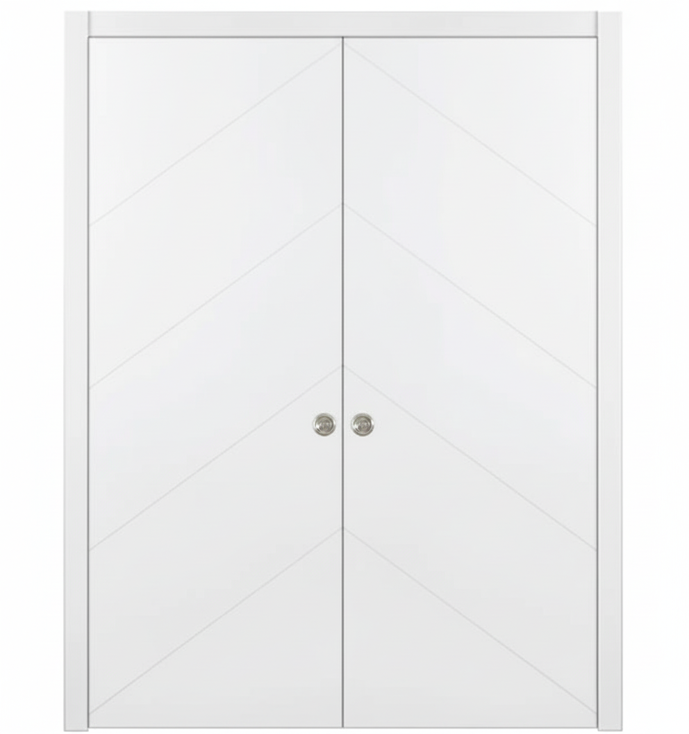 Nova Slant Soft White Laminated Modern Double Pocket Door - Doors and Beyond