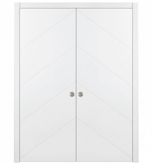 Nova Slant Soft White Laminated Modern Double Pocket Door - Doors and Beyond