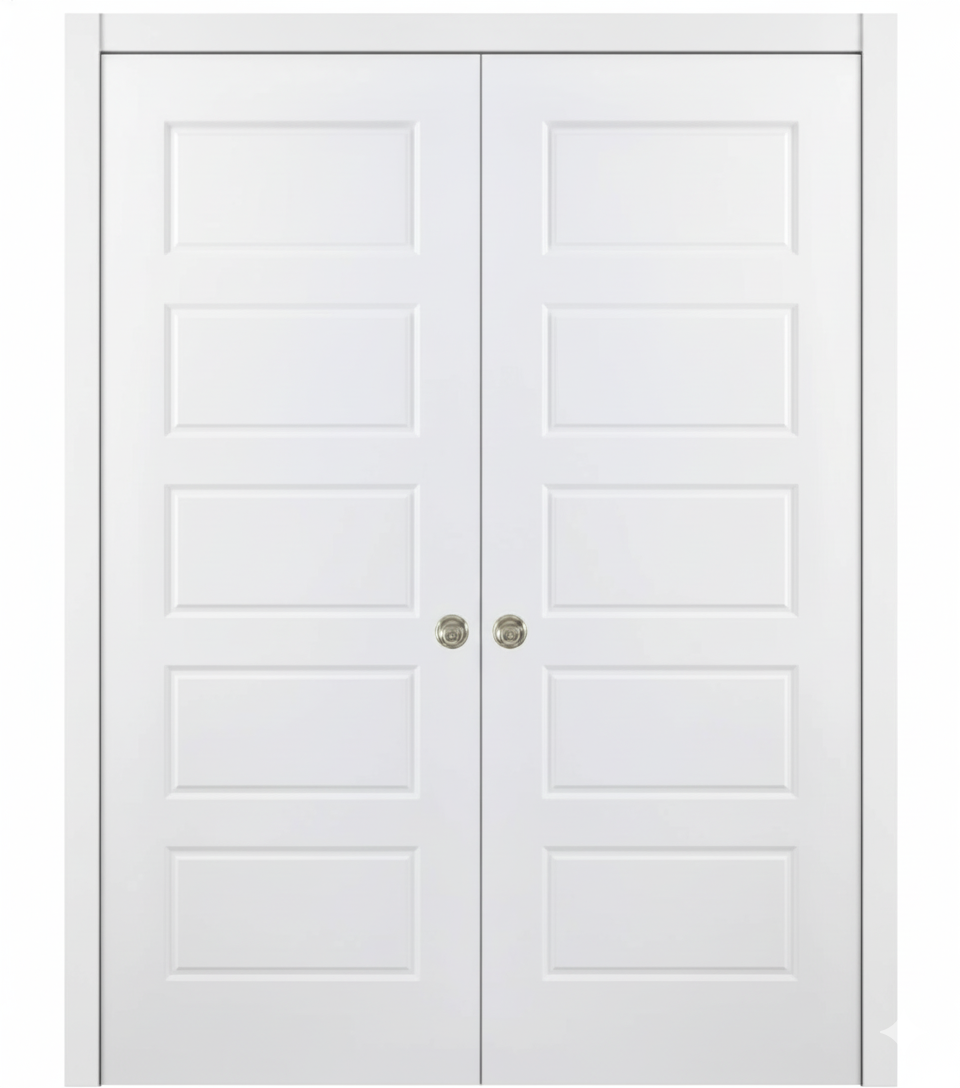 Nova 5 Panel Soft White Laminated Modern Double Pocket Door - Doors and Beyond
