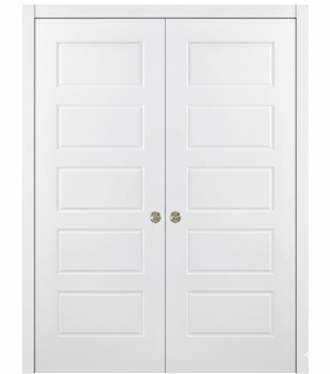 Nova 5 Panel Soft White Laminated Modern Double Pocket Door - Doors and Beyond
