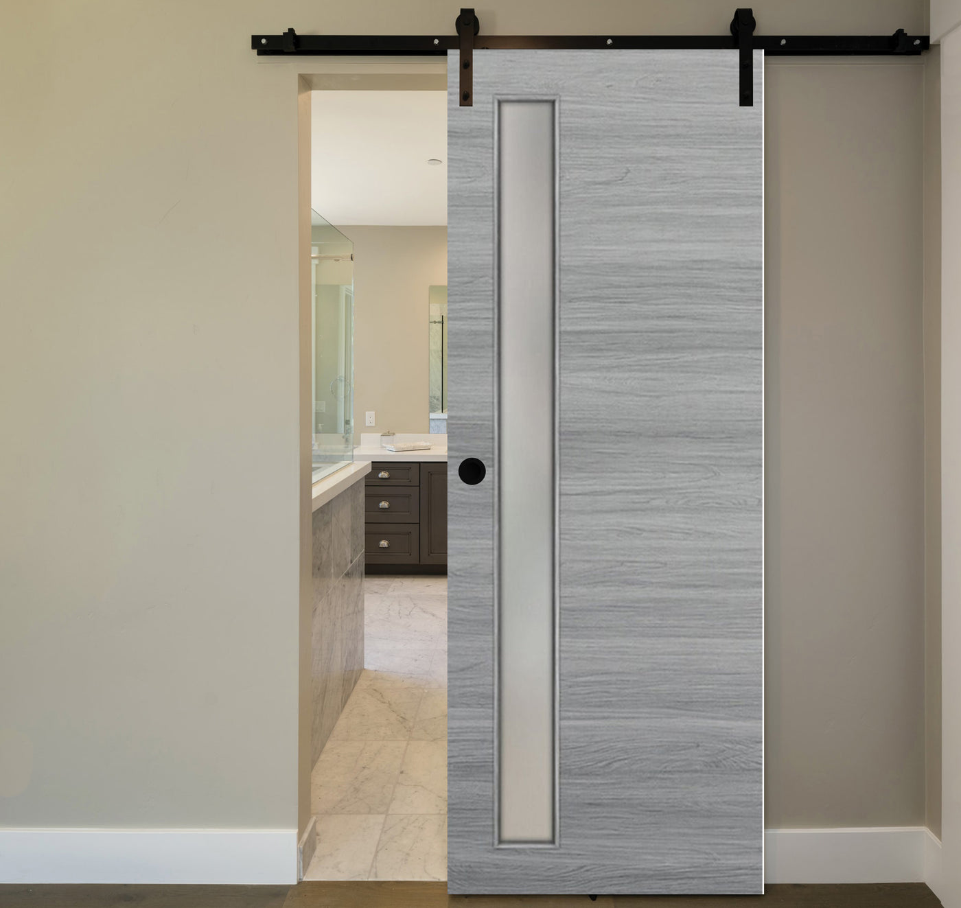 Nova 1-Lite V Braga Olmo Matrix Laminated Modern Barn Door - Doors and Beyond