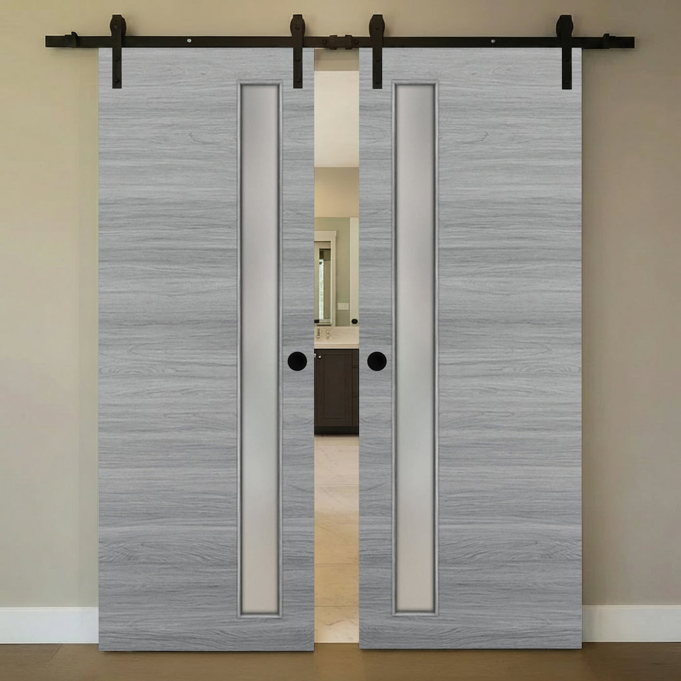 Nova 1-Lite V Braga Olmo Matrix Laminated Modern Double Barn Door - Doors and Beyond