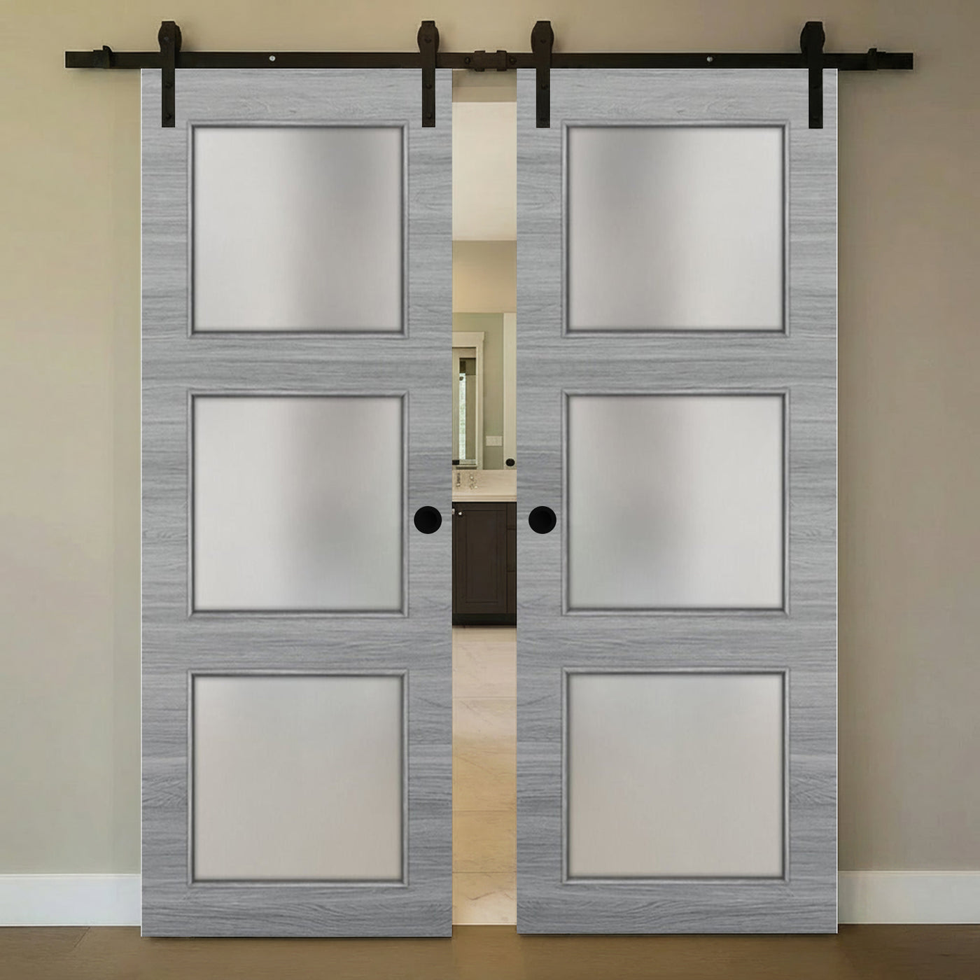 Nova 3-Lite Braga Olmo Matrix Laminated Modern Double Barn Door - Doors and Beyond