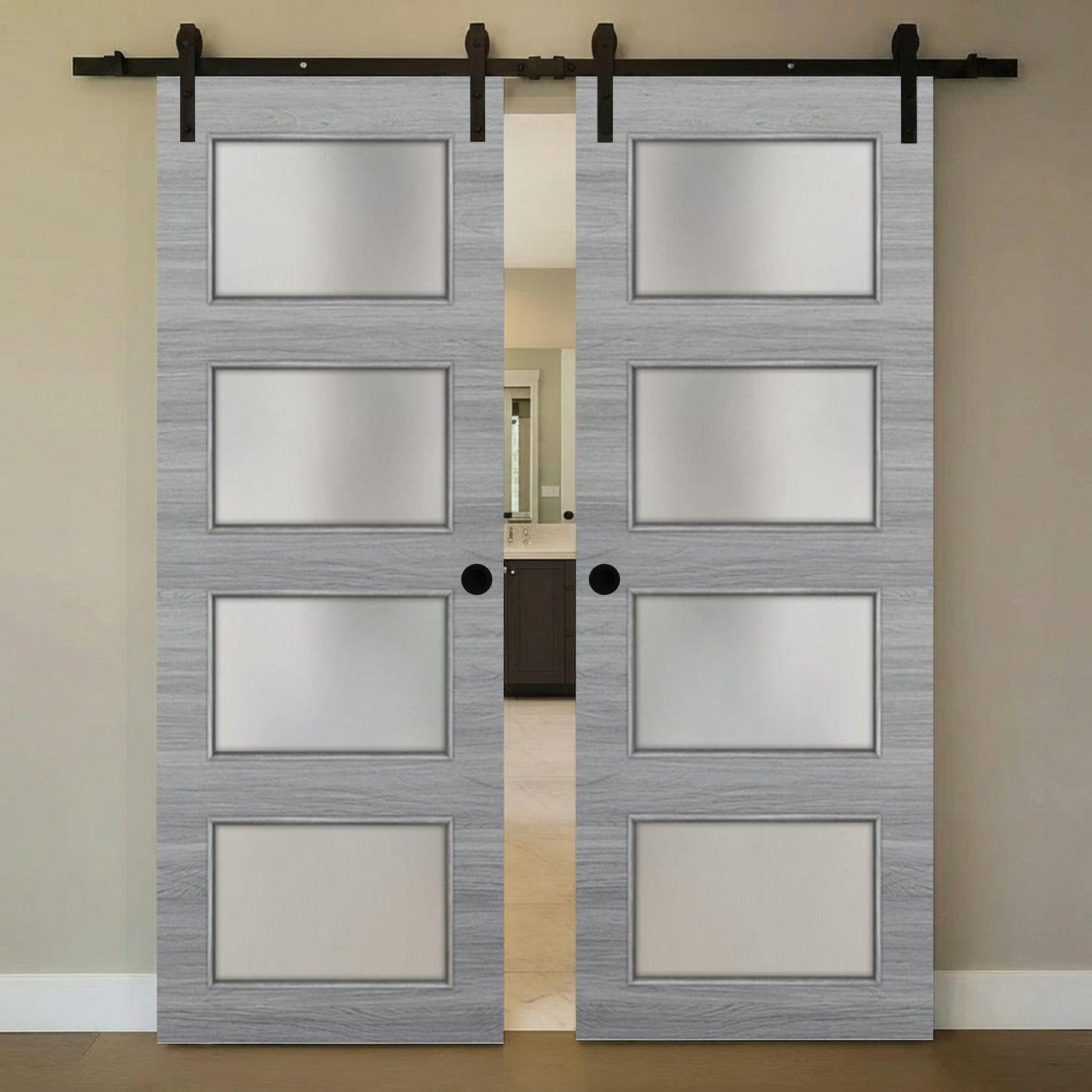 Nova 4-Lite Braga Olmo Matrix Laminated Modern Double Barn Door - Doors and Beyond