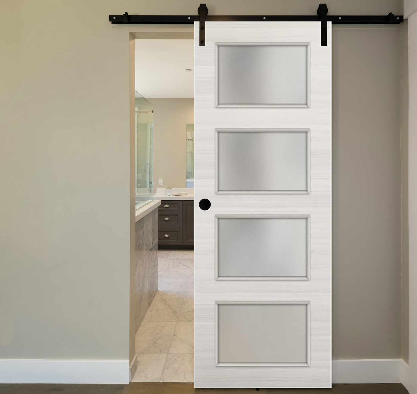Nova 4-Lite Braga Crema Matrix Laminated Modern Barn Door - Doors and Beyond