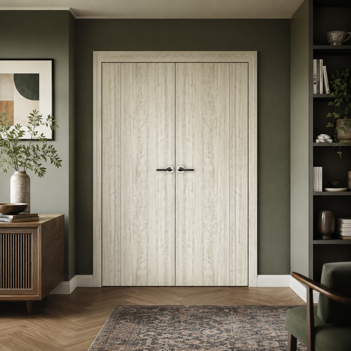 Nova HG002VR Light Aloe Wood Laminated Modern Double Pre-Hung Door - Doors and Beyond