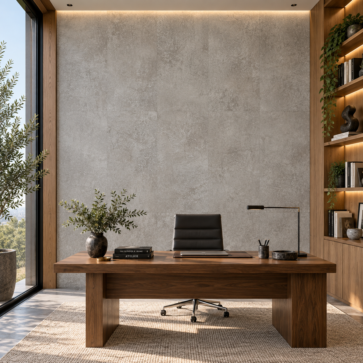 A modern home office setup featuring a large rectangular wooden desk as the central product, styled with a black office chair, a black desk lamp, a small vase with greenery, and books. The desk is set on a textured beige rug against a concrete-textured wall, with a large window on the left and built-in wooden shelves with plants on the right.