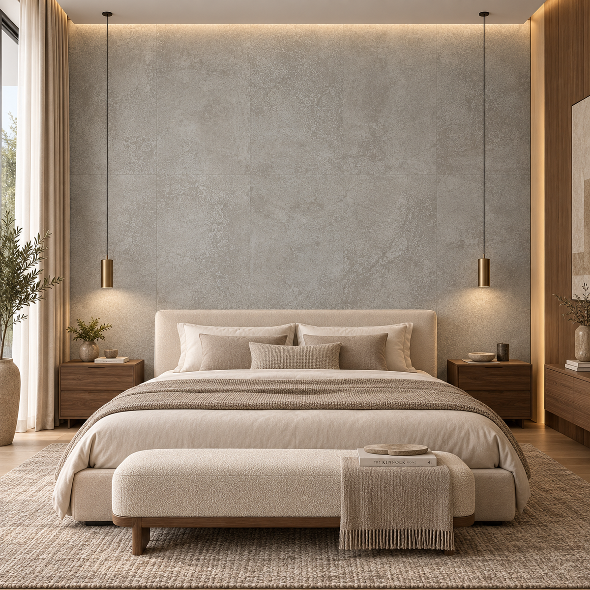 Luxury contemporary bedroom featuring Idevo Mineral Wall Ashen Stone panels in a seamless 5x3 wall installation behind a cream upholstered bed, with warm walnut nightstands and ambient lighting.