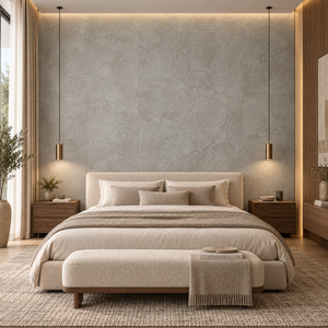 Luxury contemporary bedroom featuring Idevo Mineral Wall Ashen Stone panels in a seamless 5x3 wall installation behind a cream upholstered bed, with warm walnut nightstands and ambient lighting.