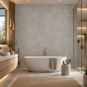 A modern freestanding oval bathtub in a minimalist bathroom with a textured gray wall, wood vanity, glass shower enclosure, and woven rug.