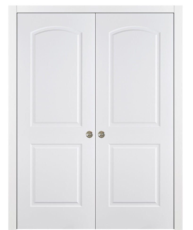 Nova 2 Panel Arch Soft White Laminated Modern Double Pocket Door - Doors and Beyond