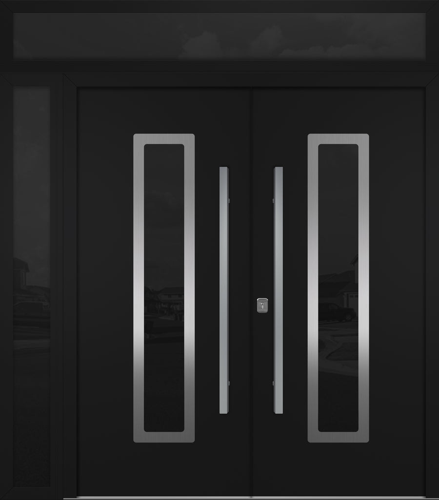 Nova Inox S1 Modern Exterior Double Door 72x80 W/ (1) 12" Sidelight and Transom - Unit 86x95 3/8 - Black - Doors and Beyond