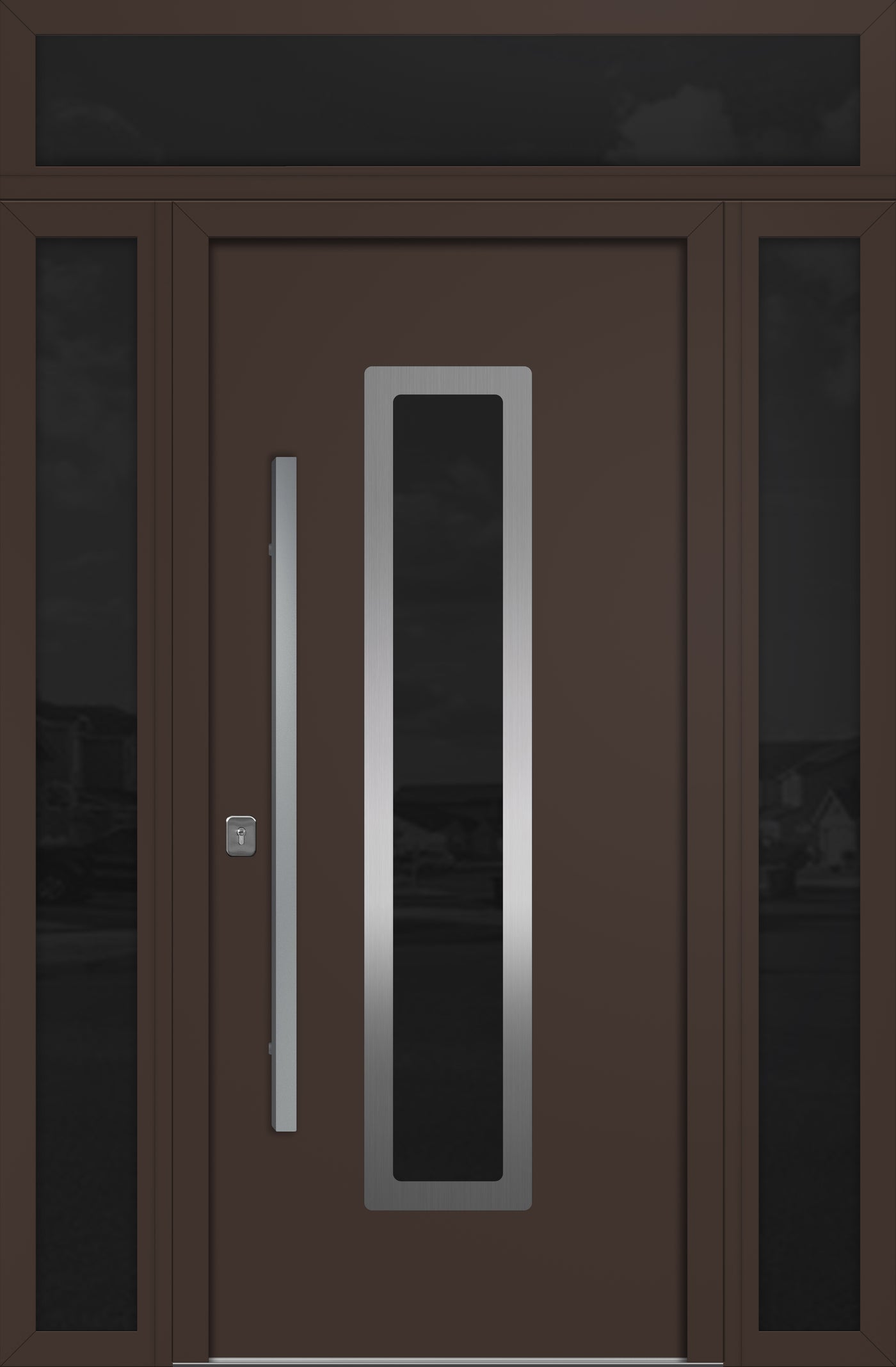 Nova Inox S1 Modern Exterior Single Door 36x80 with 2 Sidelight and Transom - Unit 62x95 1/2 - Brown - Doors and Beyond