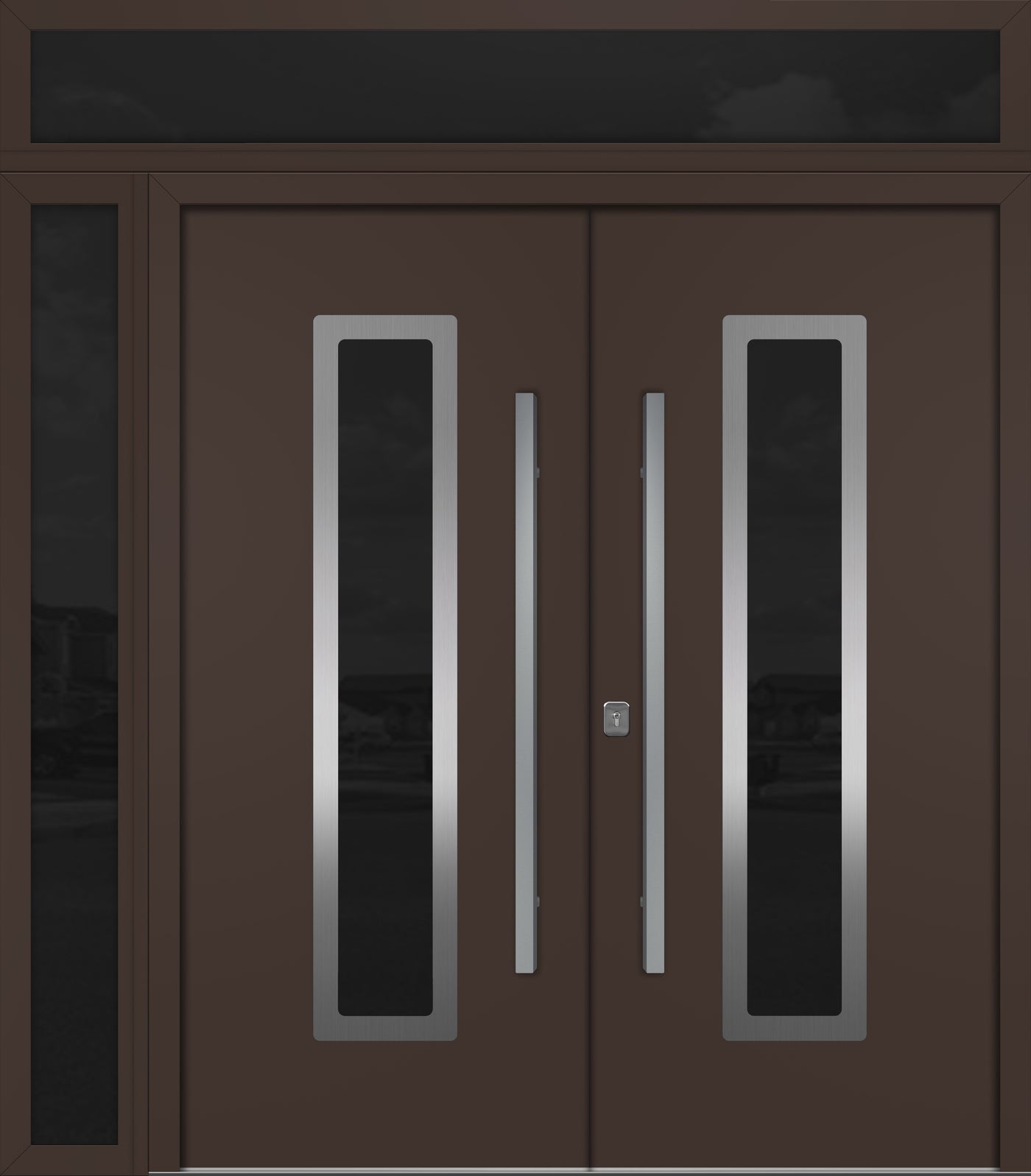 Nova Inox S1 Modern Exterior Double Door 72x80 W/ (1) 12" Sidelight and Transom - Unit 86x95 3/8 - Brown - Doors and Beyond