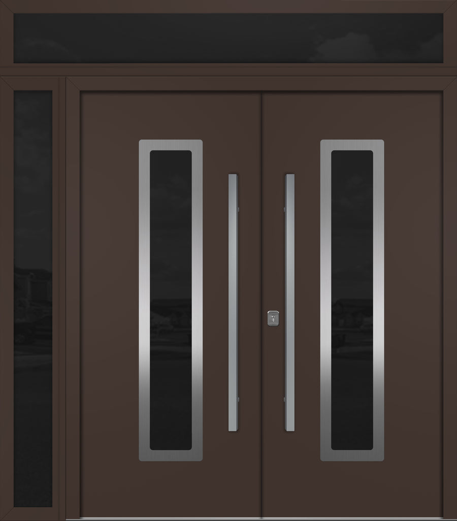 Nova Inox S1 Modern Exterior Double Door 72x80 W/ (1) 12" Sidelight and Transom - Unit 86x95 3/8 - Brown - Doors and Beyond
