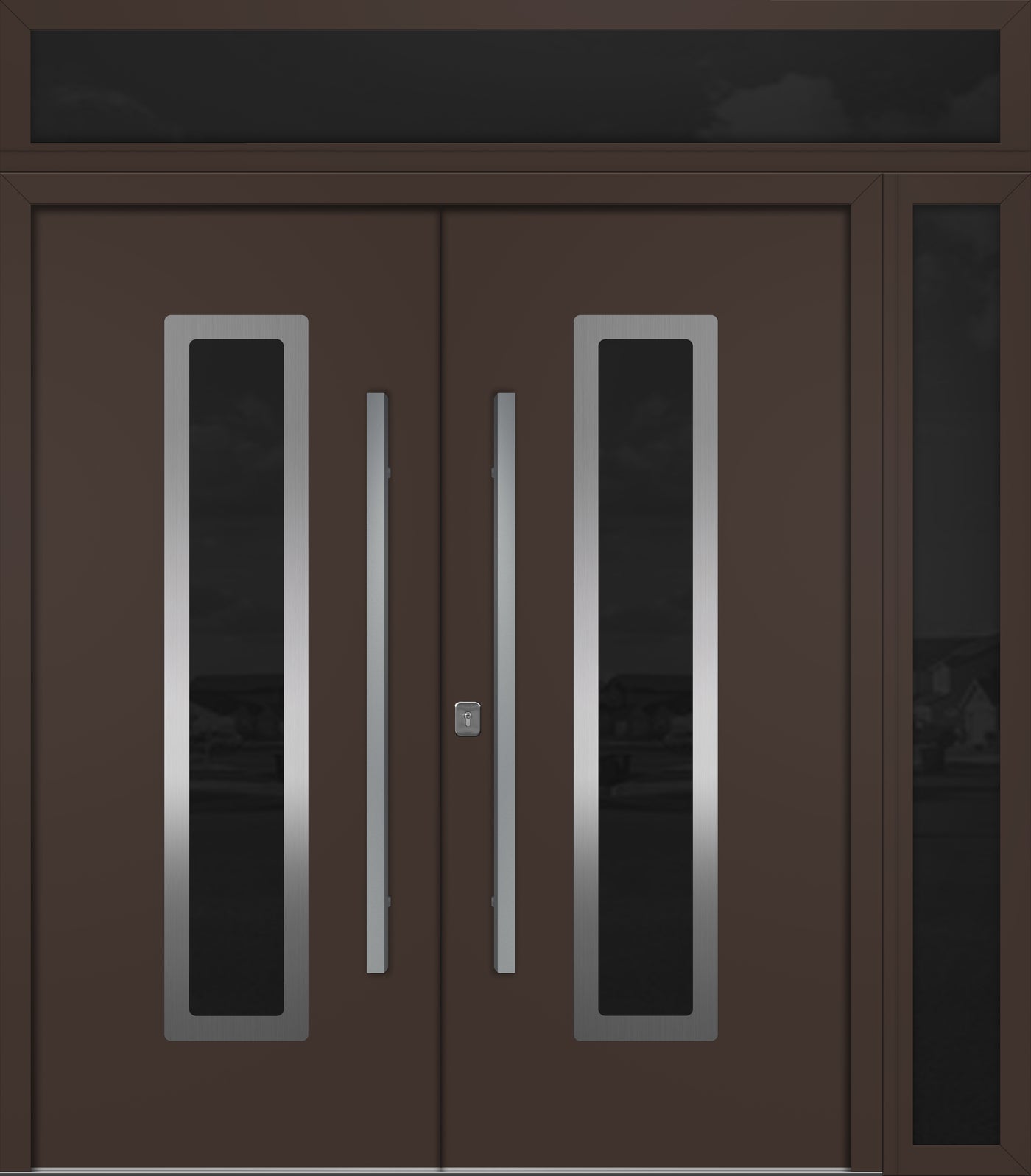 Nova Inox S1 Modern Exterior Double Door 72x80 W/ (1) 12" Sidelight and Transom - Unit 86x95 3/8 - Brown - Doors and Beyond