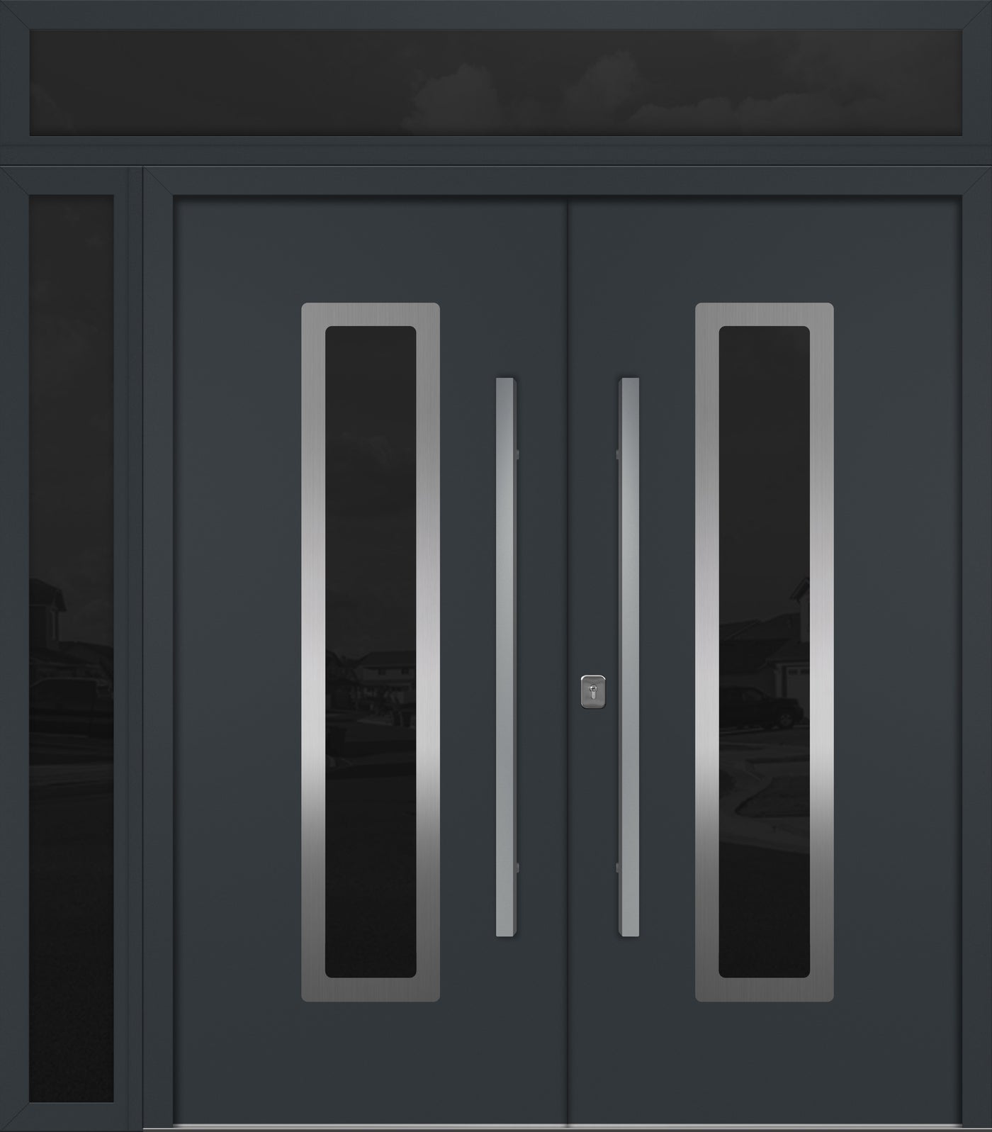 Nova Inox S1 Modern Exterior Double Door 72x80 W/ (1) 12" Sidelight and Transom - Unit 86x95 3/8 - Gray - Doors and Beyond