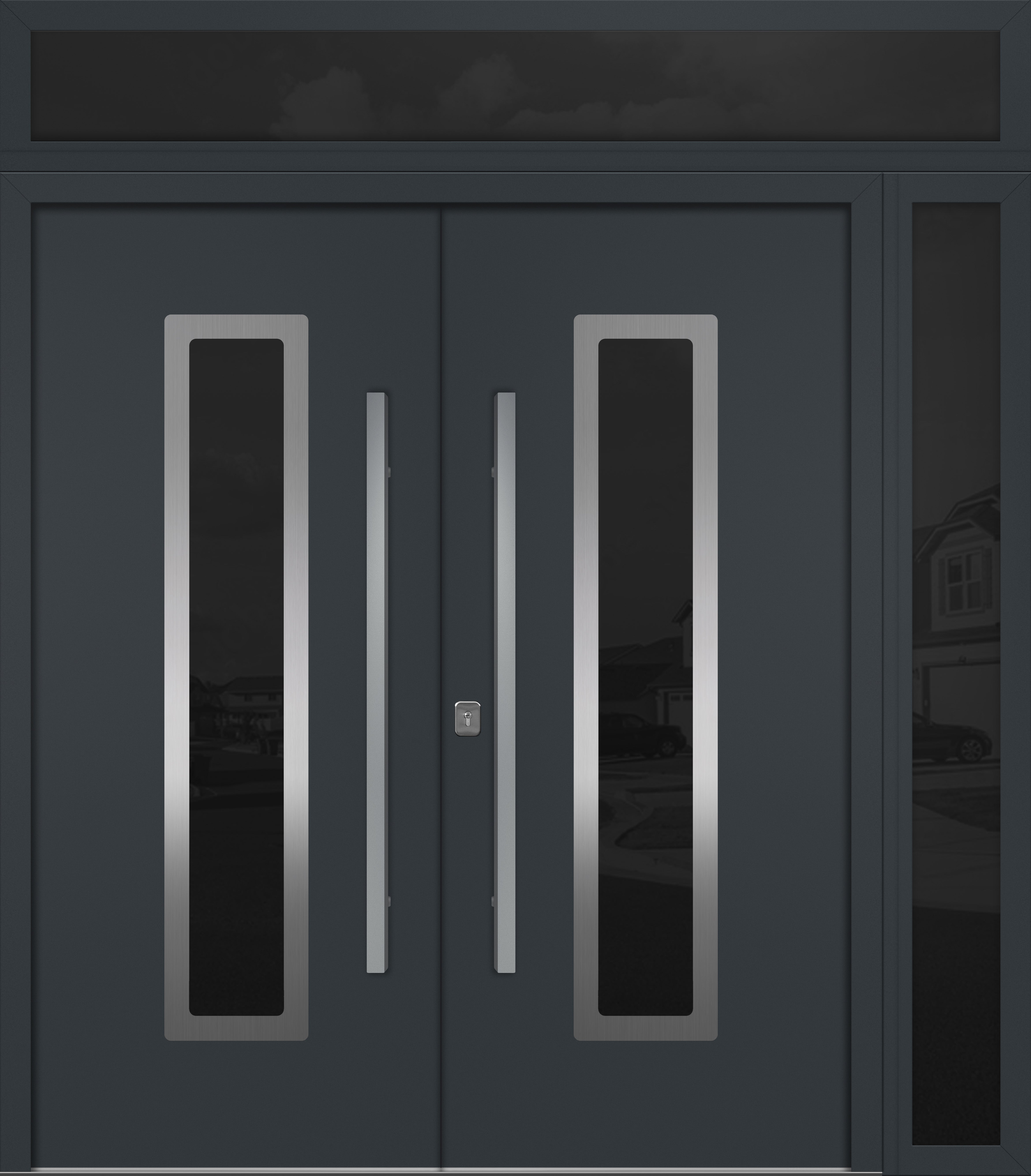 Nova Inox S1 Modern Exterior Double Door 72x80 W/ (1) 12" Sidelight and Transom - Unit 86x95 3/8 - Gray