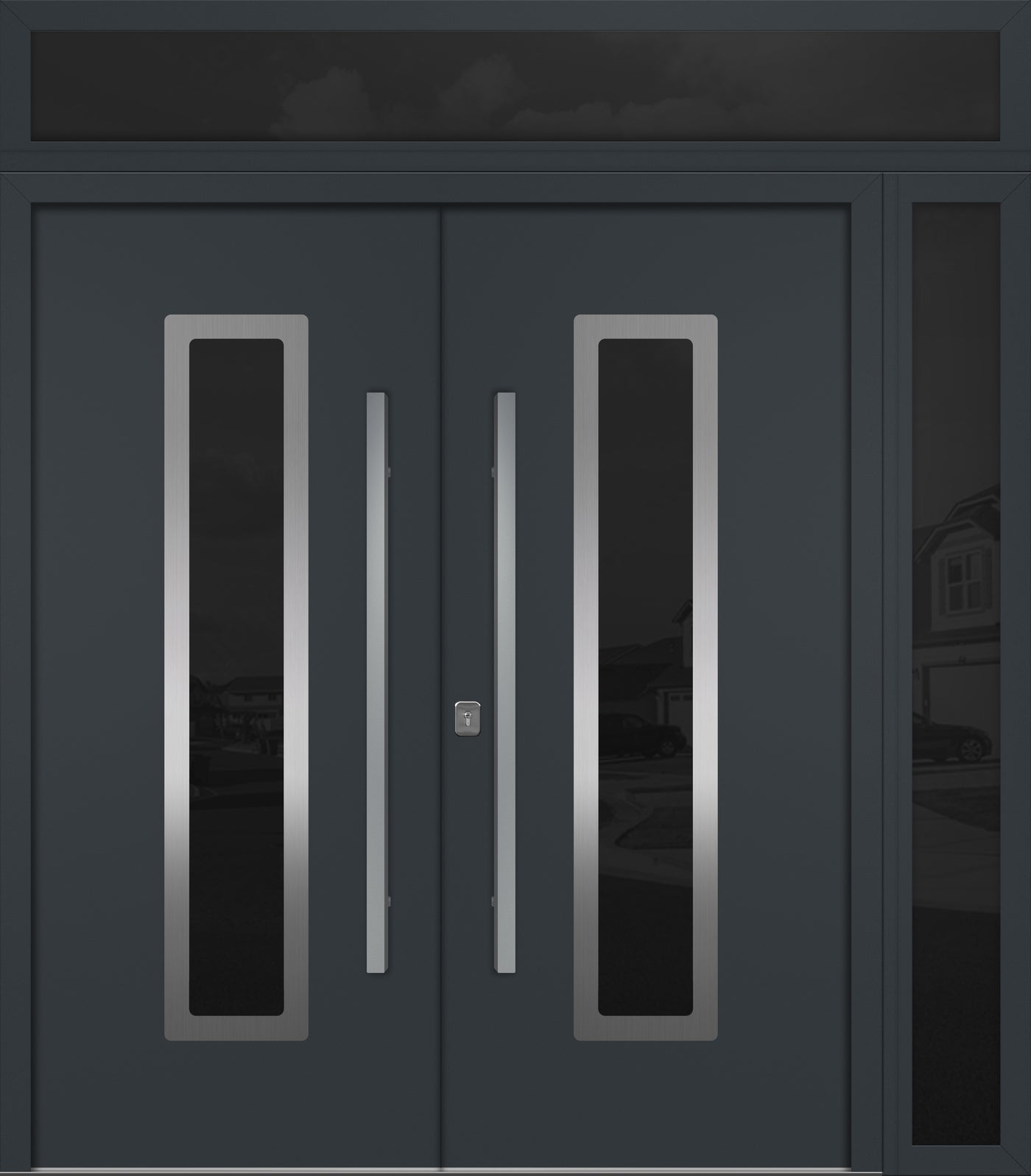 Nova Inox S1 Modern Exterior Double Door 72x80 W/ (1) 12" Sidelight and Transom - Unit 86x95 3/8 - Gray - Doors and Beyond