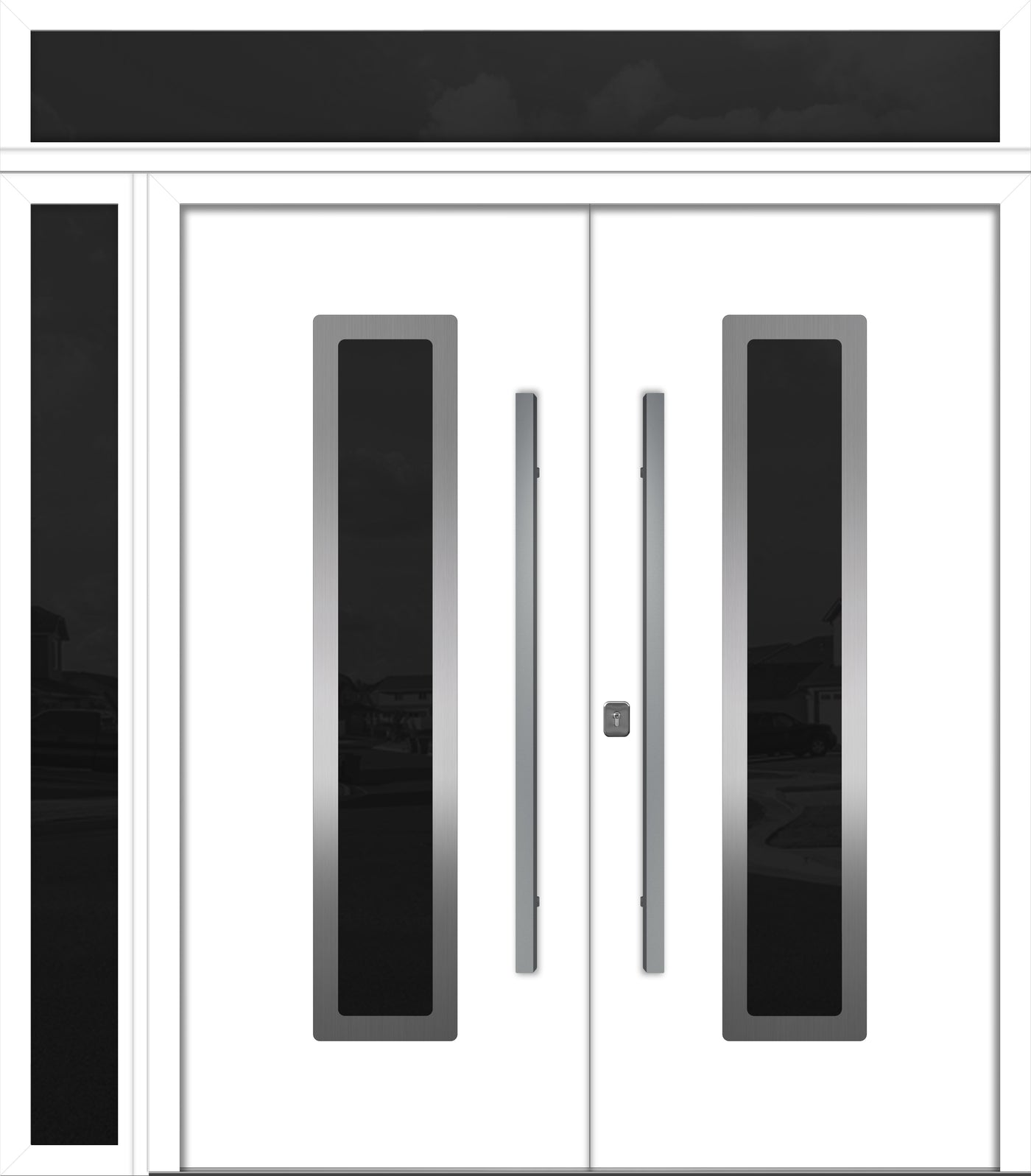 Nova Inox S1 Modern Exterior Double Door 72x80 W/ (1) 12" Sidelight and Transom - Unit 86x95 3/8 - White - Doors and Beyond