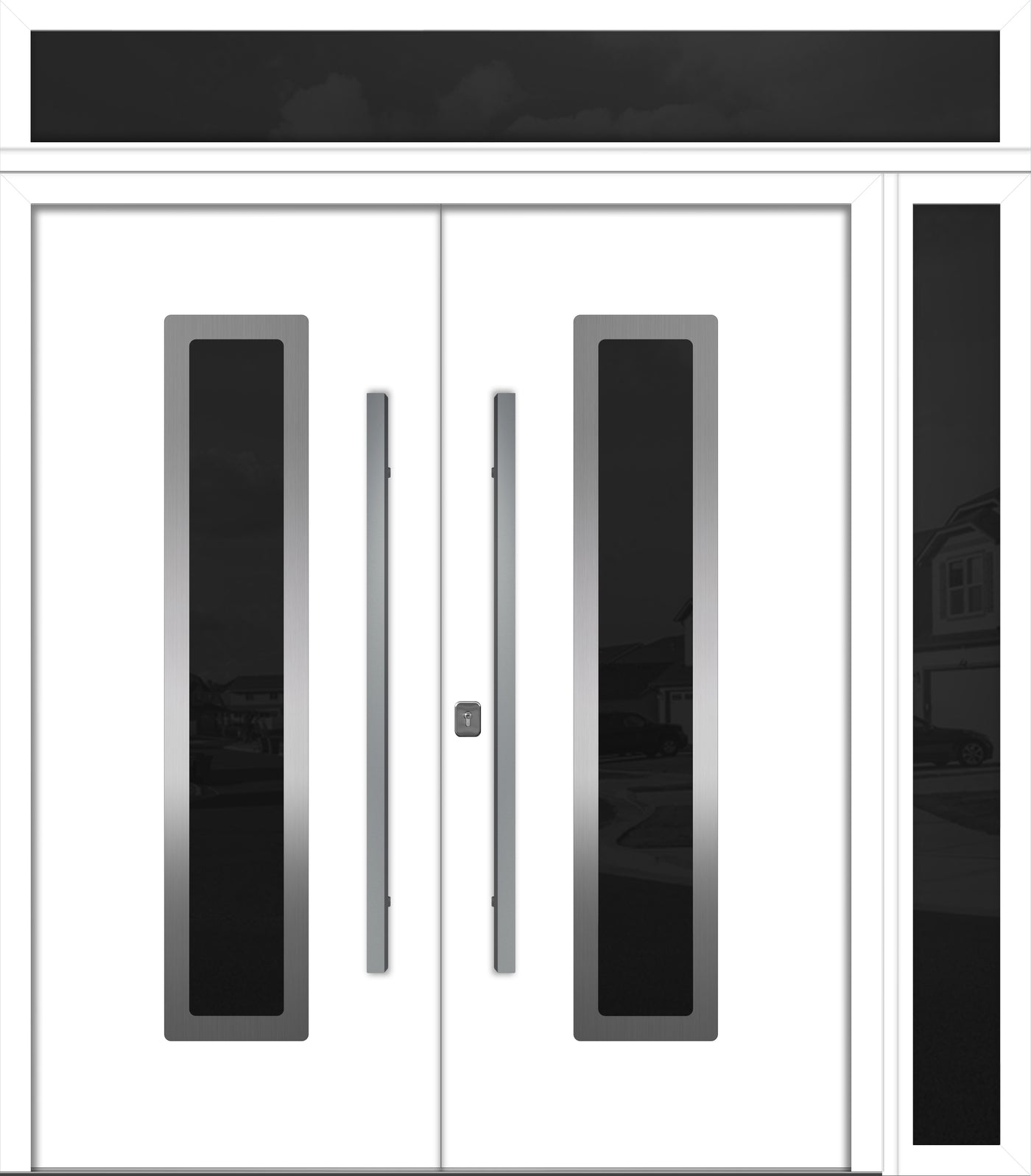 Nova Inox S1 Modern Exterior Double Door 72x80 W/ (1) 12" Sidelight and Transom - Unit 86x95 3/8 - White - Doors and Beyond