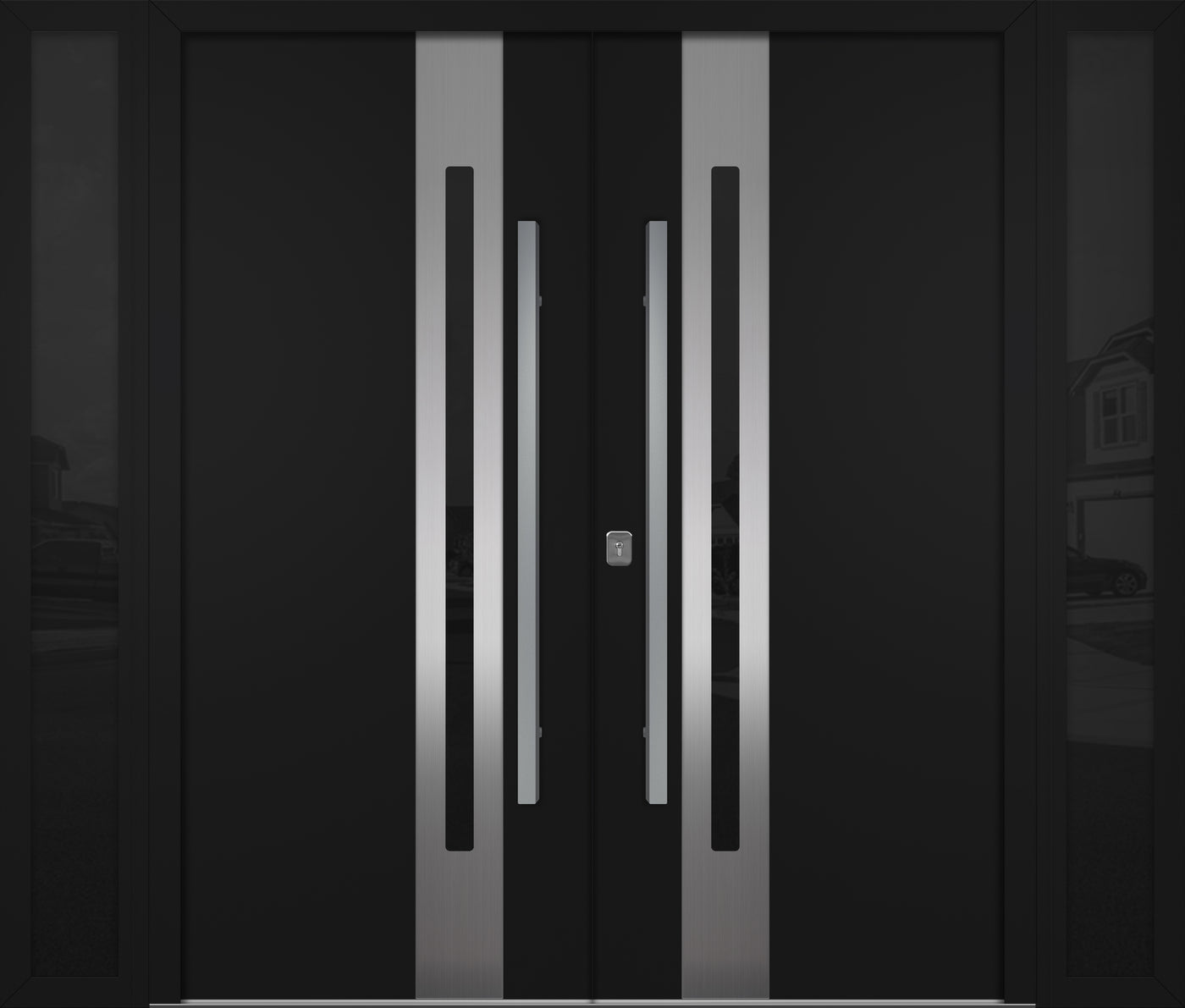 Nova Inox S2 Modern Exterior Double Door W/ (2) 12" Sidelight - Unit 98x81 3/8 - Black - Doors and Beyond
