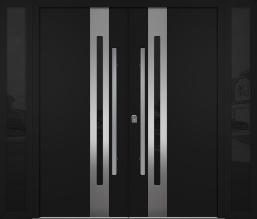 Nova Inox S2 Modern Exterior Double Door W/ (2) 12" Sidelight - Unit 98x81 3/8 - Black - Doors and Beyond