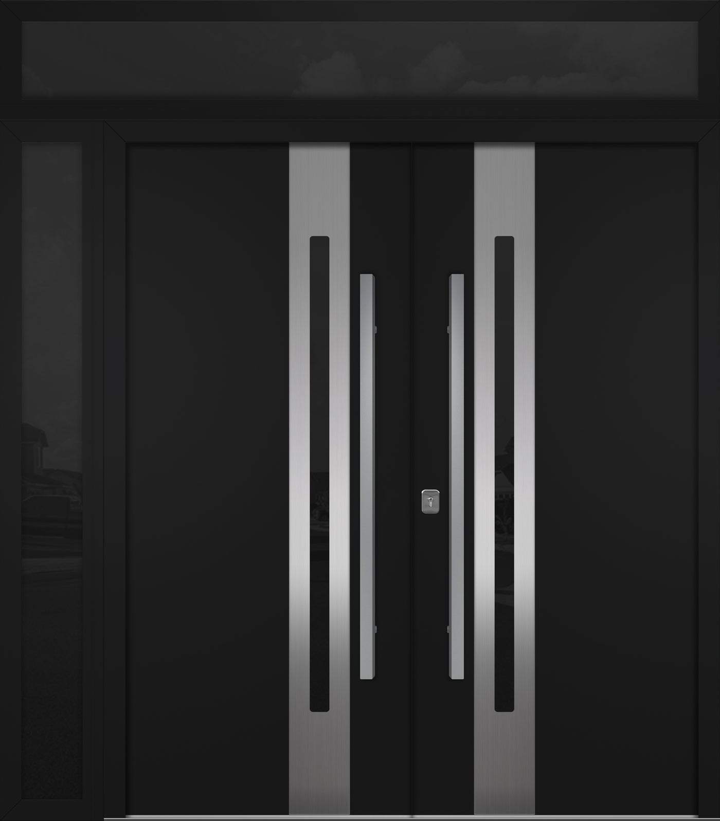 Nova Inox S2 Modern Exterior Double Door 72x80 W/ (1) 12" Sidelight and Transom - Unit 86x95 3/8 - Black - Doors and Beyond