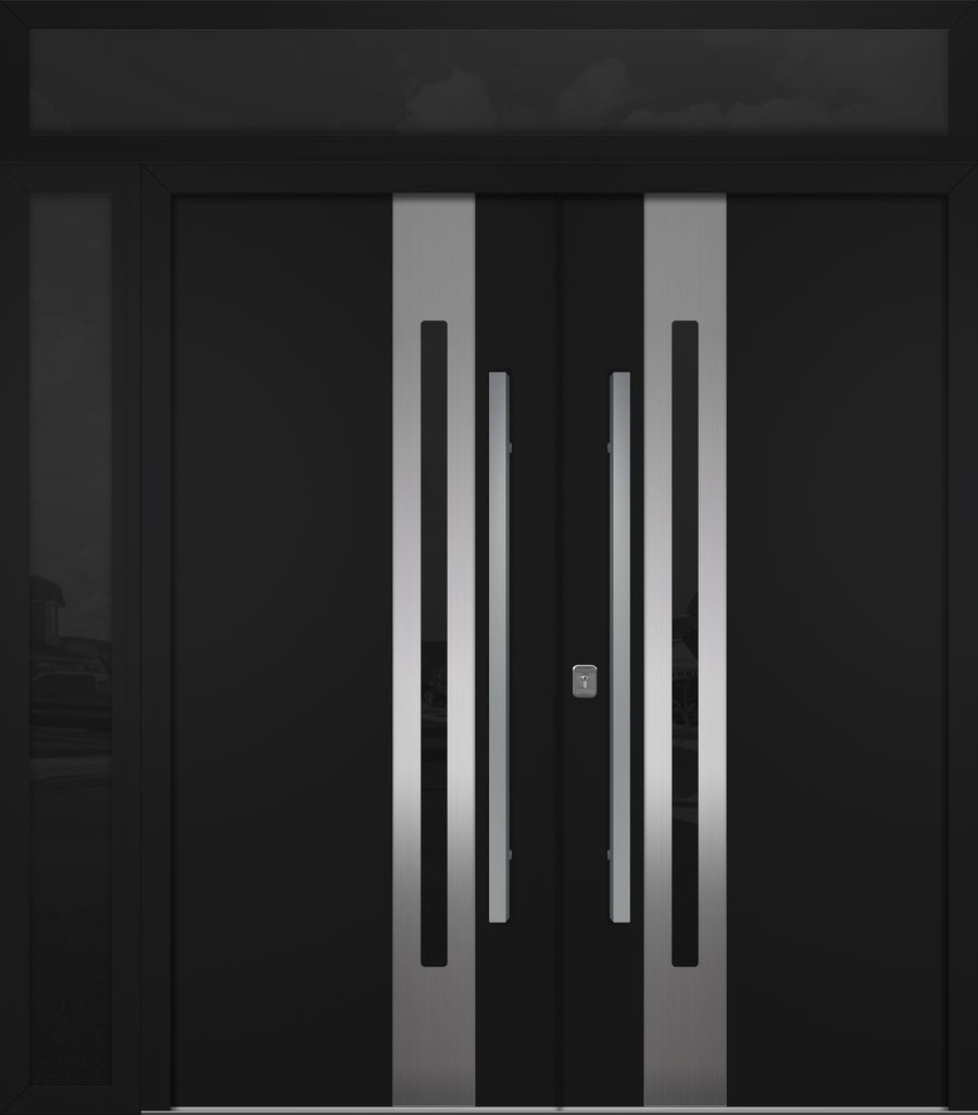 Nova Inox S2 Modern Exterior Double Door 72x80 W/ (1) 12" Sidelight and Transom - Unit 86x95 3/8 - Black - Doors and Beyond