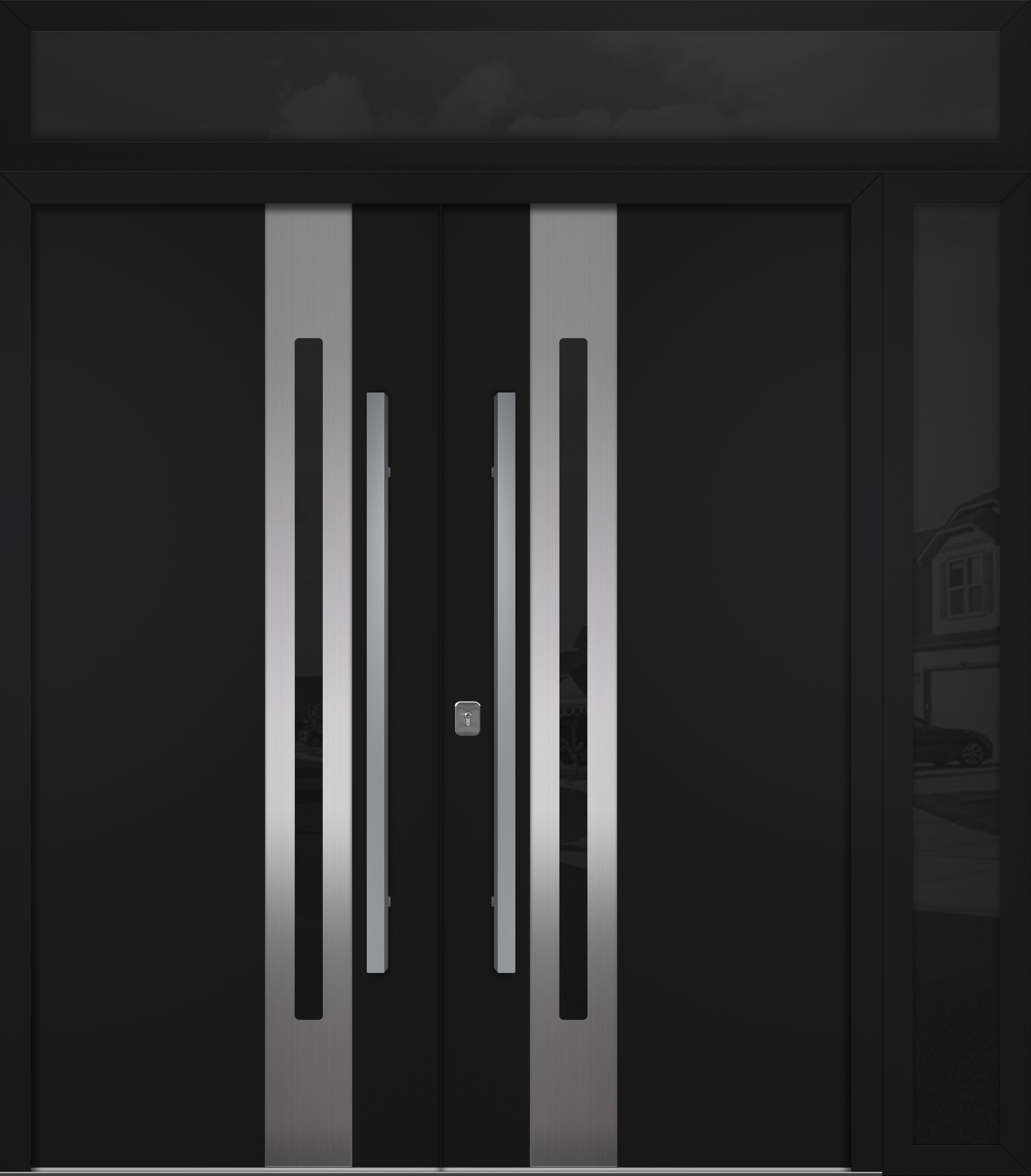 Nova Inox S2 Modern Exterior Double Door 72x80 W/ (1) 12" Sidelight and Transom - Unit 86x95 3/8 - Black