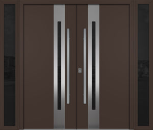 Nova Inox S2 Modern Exterior Double Door W/ (2) 12" Sidelight - Unit 98x81 3/8 - Brown - Doors and Beyond