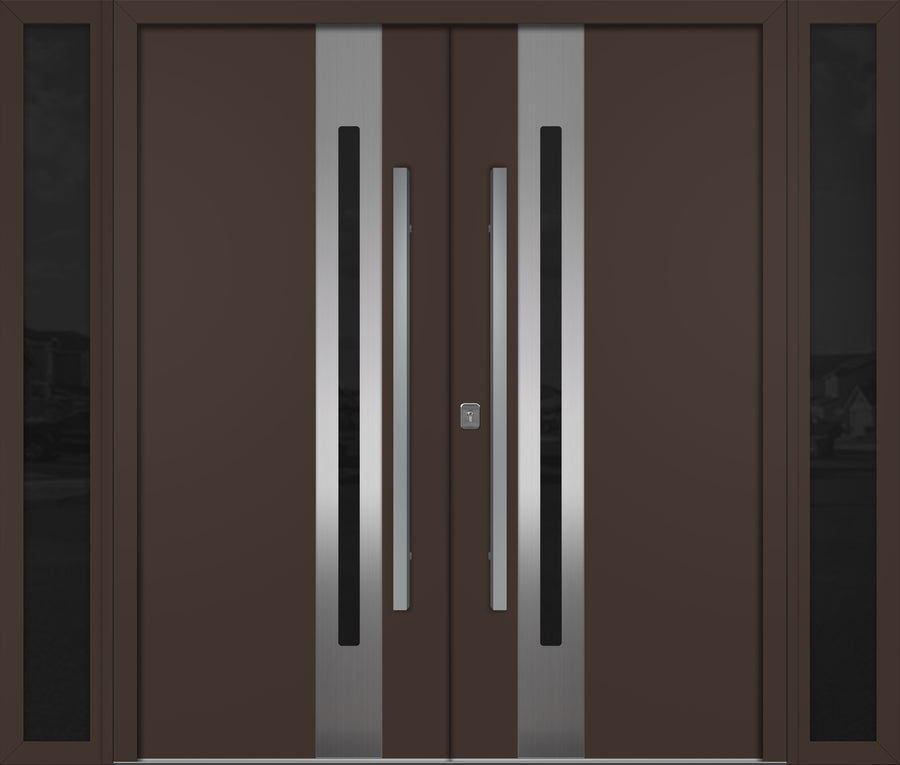 Nova Inox S2 Modern Exterior Double Door W/ (2) 12" Sidelight - Unit 98x81 3/8 - Brown - Doors and Beyond