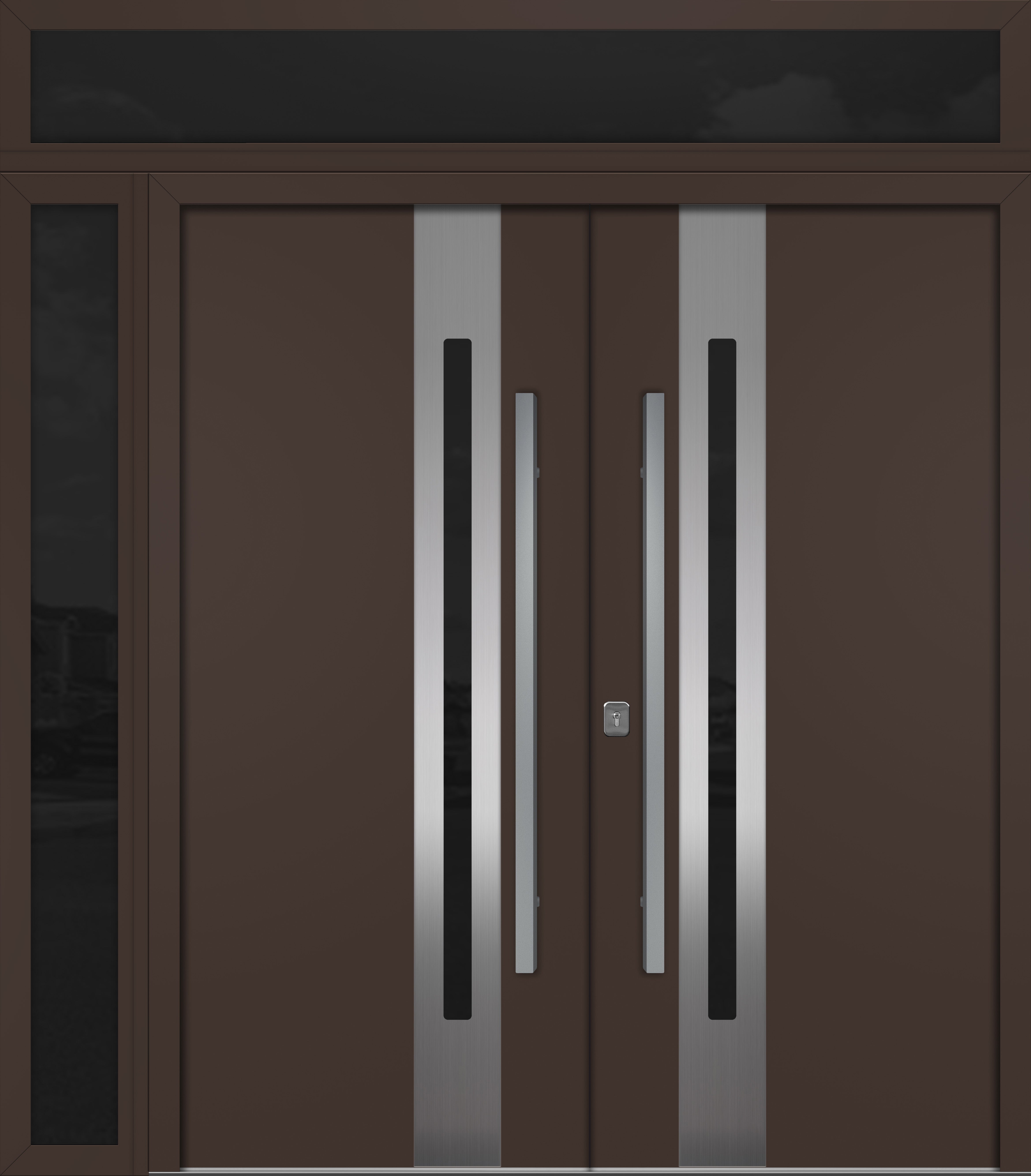Nova Inox S2 Modern Exterior Double Door 72x80 W/ (1) 12" Sidelight and Transom - Unit 86x95 3/8 - Brown