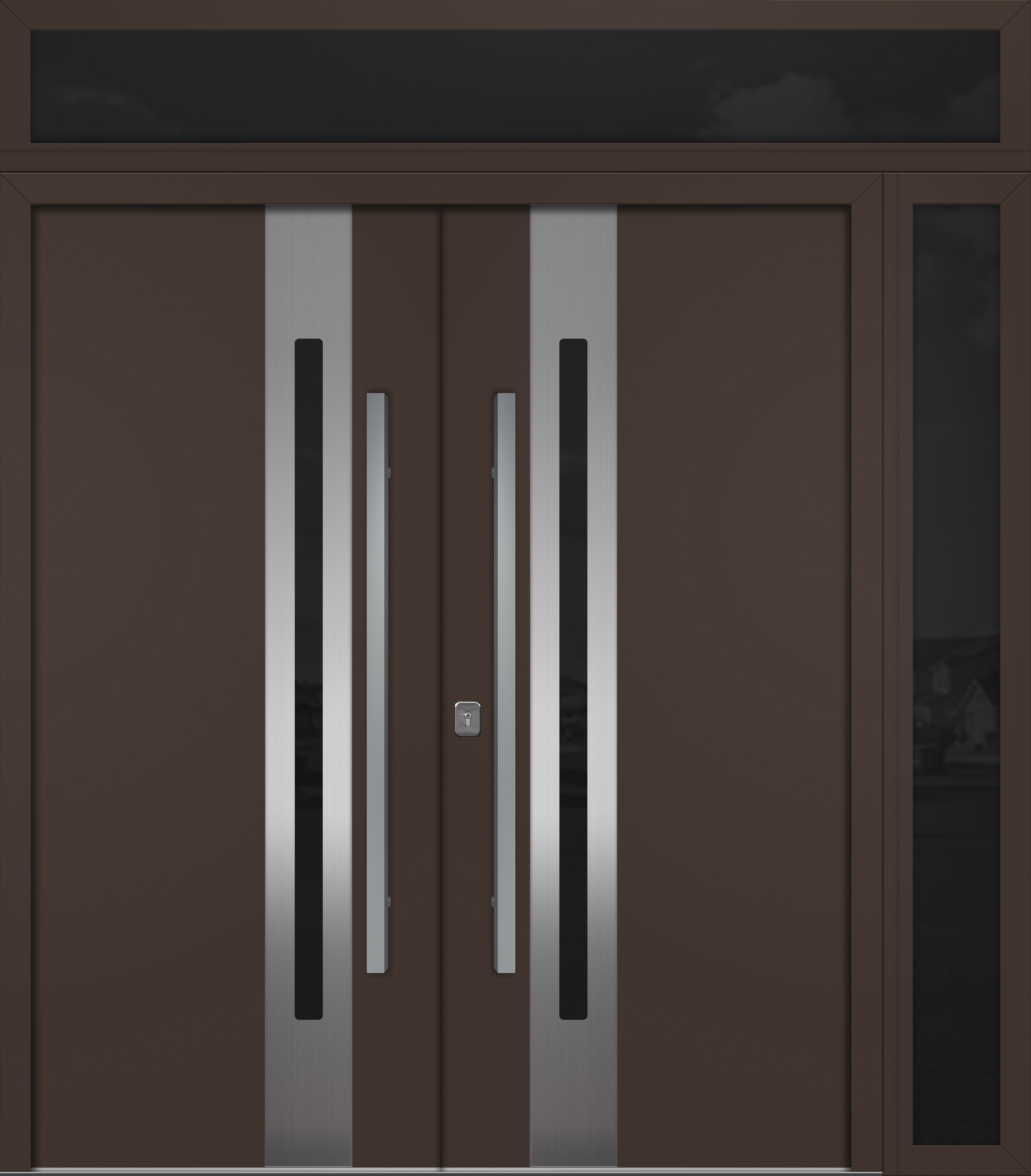 Nova Inox S2 Modern Exterior Double Door 72x80 W/ (1) 12" Sidelight and Transom - Unit 86x95 3/8 - Brown