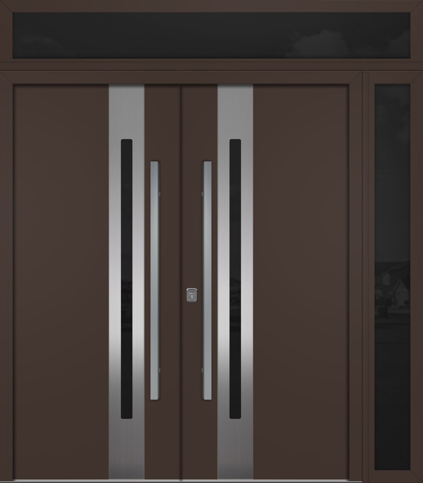 Nova Inox S2 Modern Exterior Double Door 72x80 W/ (1) 12" Sidelight and Transom - Unit 86x95 3/8 - Brown - Doors and Beyond