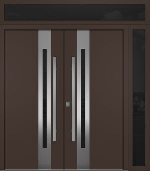 Nova Inox S2 Modern Exterior Double Door 72x80 W/ (1) 12" Sidelight and Transom - Unit 86x95 3/8 - Brown - Doors and Beyond