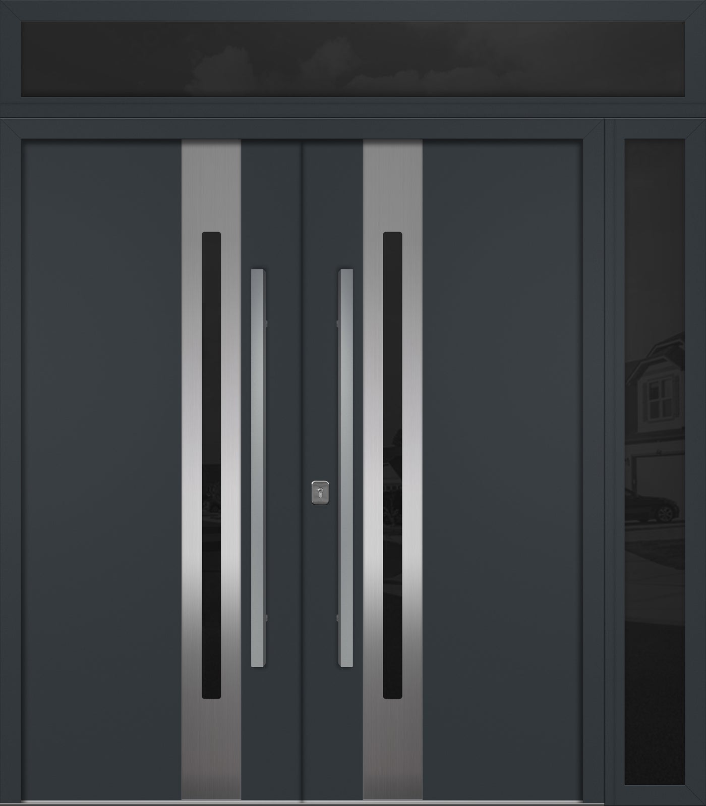 Nova Inox S2 Modern Exterior Double Door 72x80 W/ (1) 12" Sidelight and Transom - Unit 86x95 3/8 - Gray - Doors and Beyond