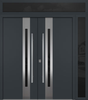 Nova Inox S2 Modern Exterior Double Door 72x80 W/ (1) 12" Sidelight and Transom - Unit 86x95 3/8 - Gray - Doors and Beyond